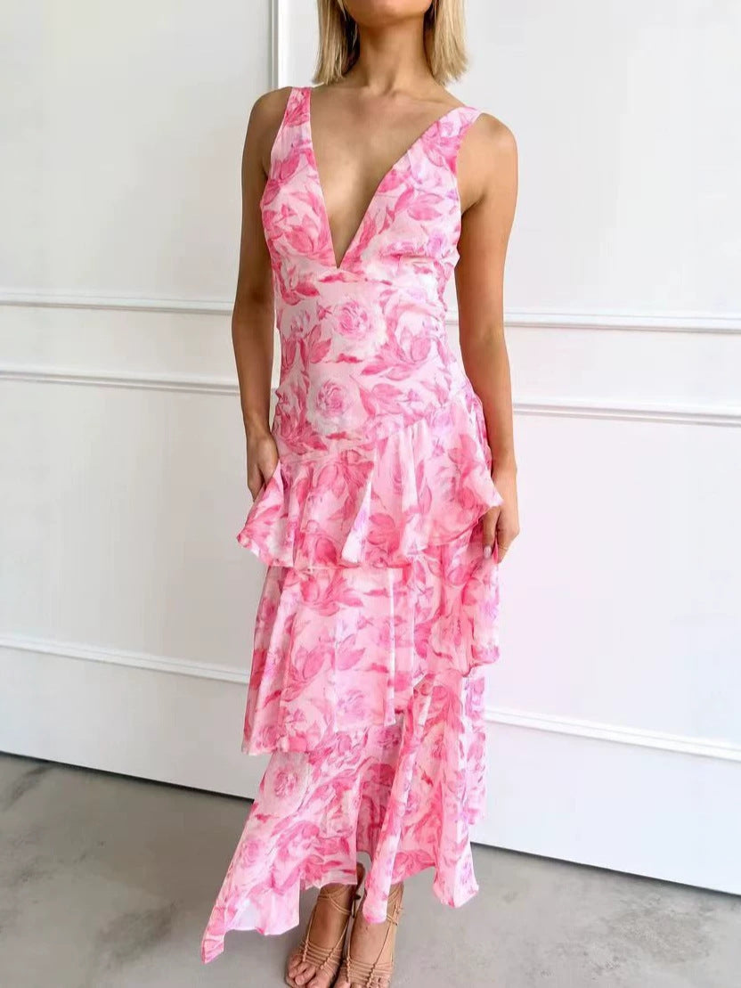 Women's Summer Floral Printed V-Neck Sleeveless A-Line Long Dress teemdrop
