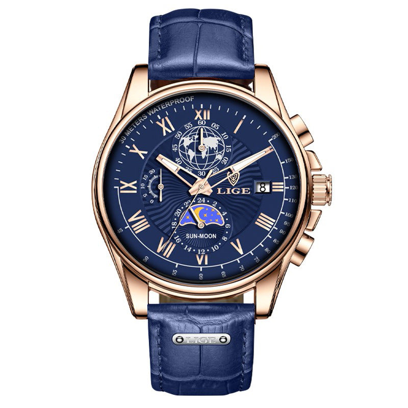 LIGE Men's Business Watch with Moon Phase Multifunction Quartz Wristwatch Leather Strap Waterproof
