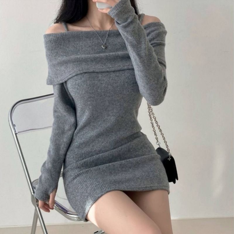 Women's Off-Shoulder Ribbed Knit Hip-Hugging Short Dress teemdrop