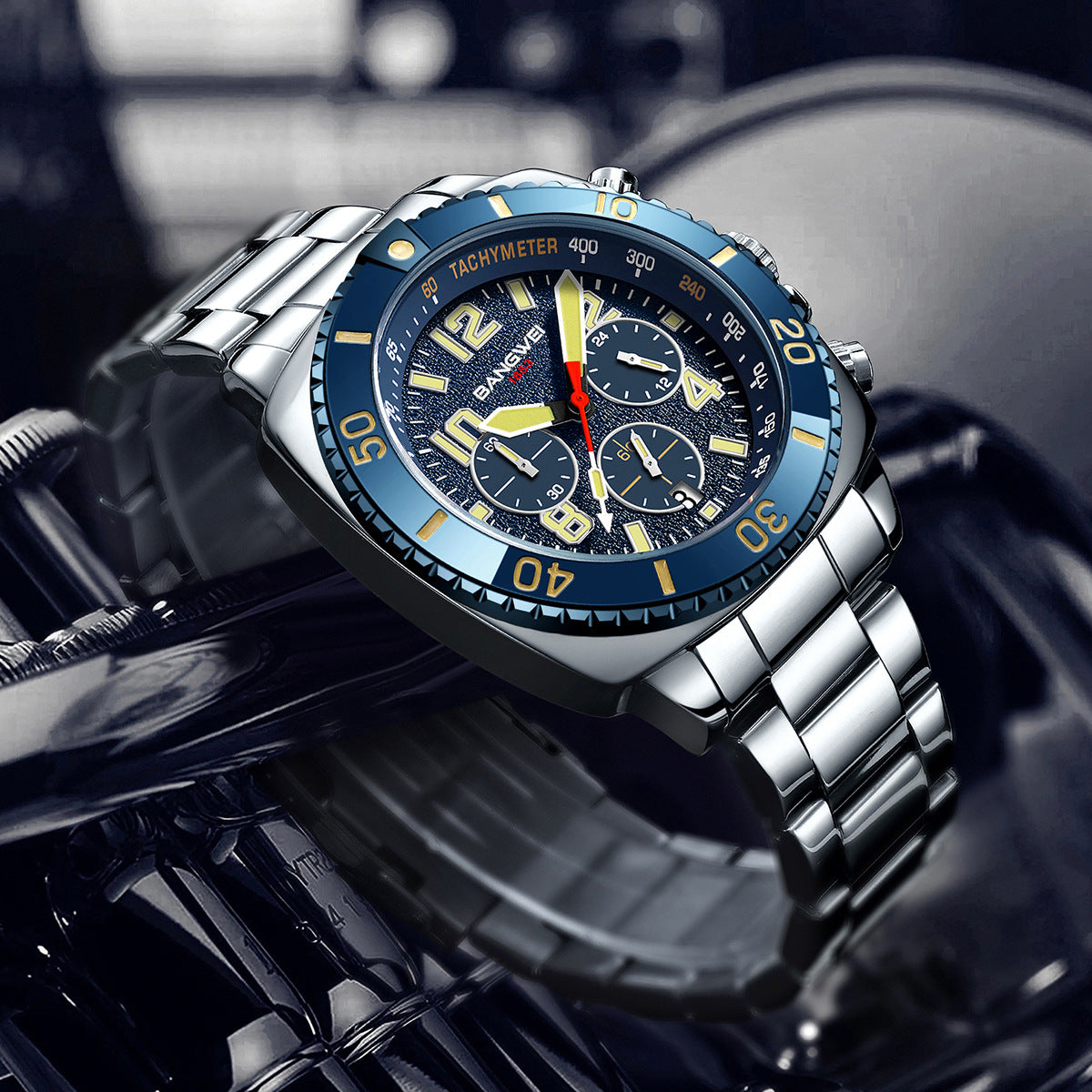 Men's Multifunction Chronograph Calendar Luminous Waterproof Stainless Steel Quartz Watch teemdrop