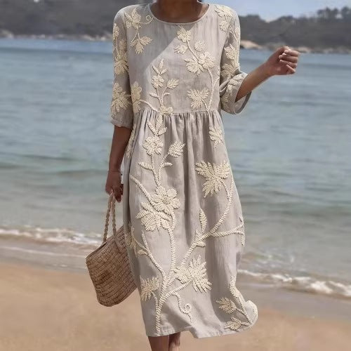 Women's floral print long-sleeved round-neck dress teemdrop
