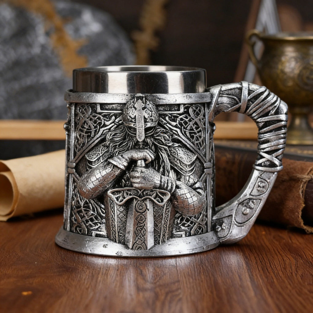 Vintage Viking Warrior 3D Relief Resin Beer Mug with Stainless Steel Inner Liner Retro Drinking Cup Holiday Gift teemdrop