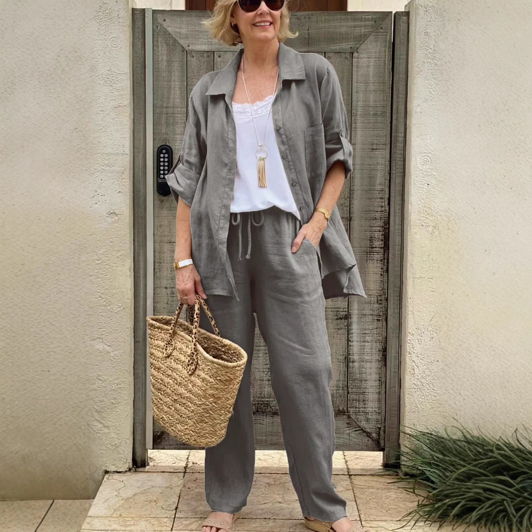 Women's Linen Blend Long Sleeve Shirt Trousers Suit