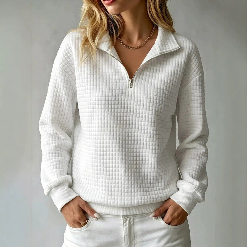 Women's Solid Color Waffle Knit Stand Collar Zipper Long Sleeve Loose Sweatshirt teemdrop