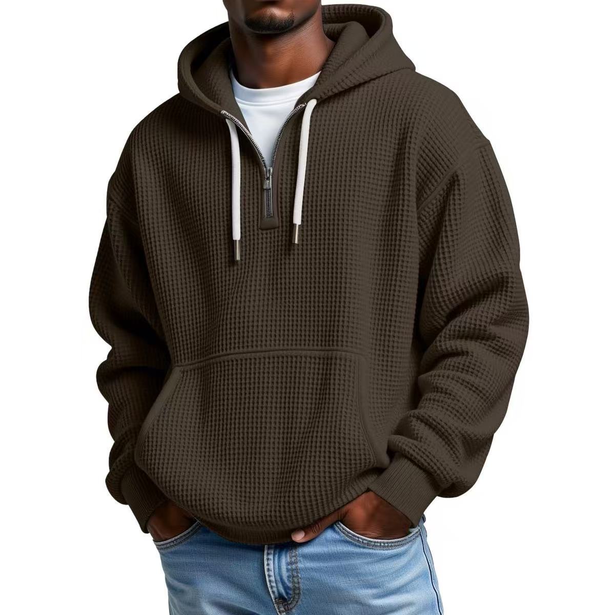 Men?s Heavyweight Waffle Knit Zip-Up Hooded Long Sleeve Loose Fit Casual Sweatshirt teemdrop