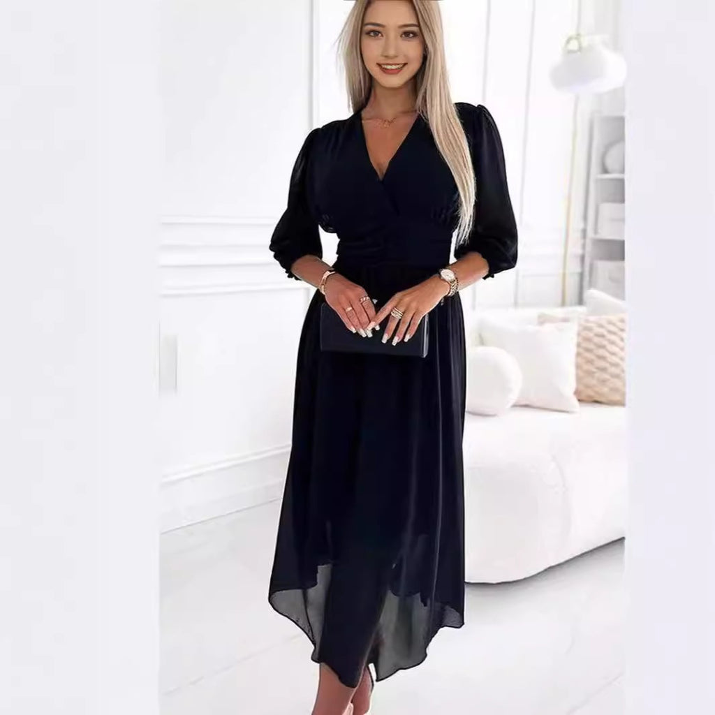 Women's Slim-Fit Flared Sleeve V-Neck Chiffon Mid-Length Dress