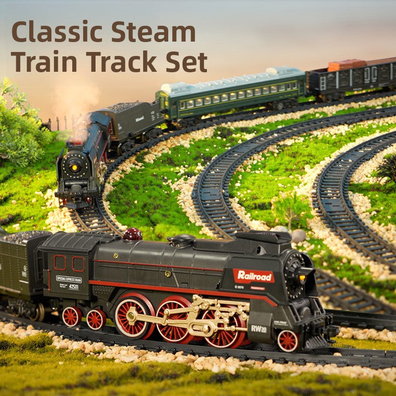 Retro Steam Train Toy Model with Remote Control Light Sound and DIY Track Set