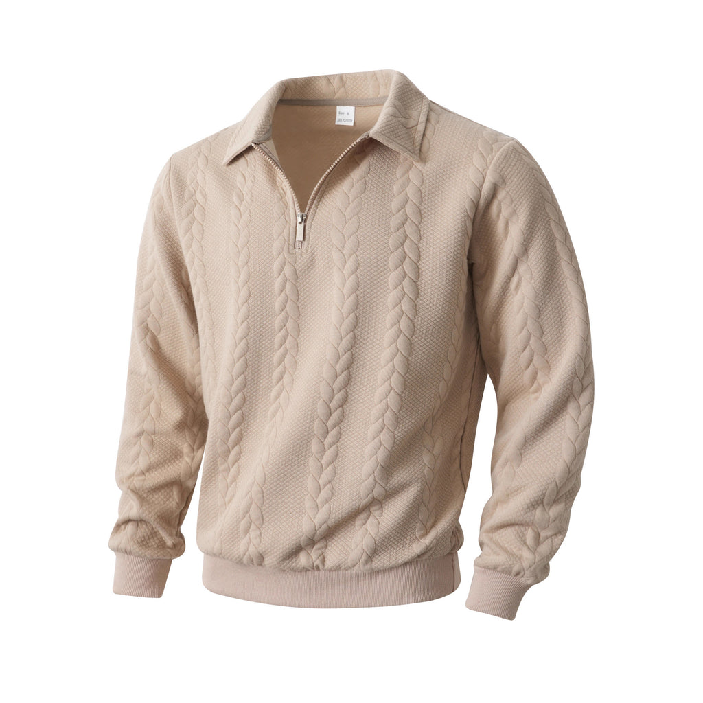 Men Jacquard Lapel Zip Up Jacket Casual Long Sleeve Sweatshirt teemdrop
