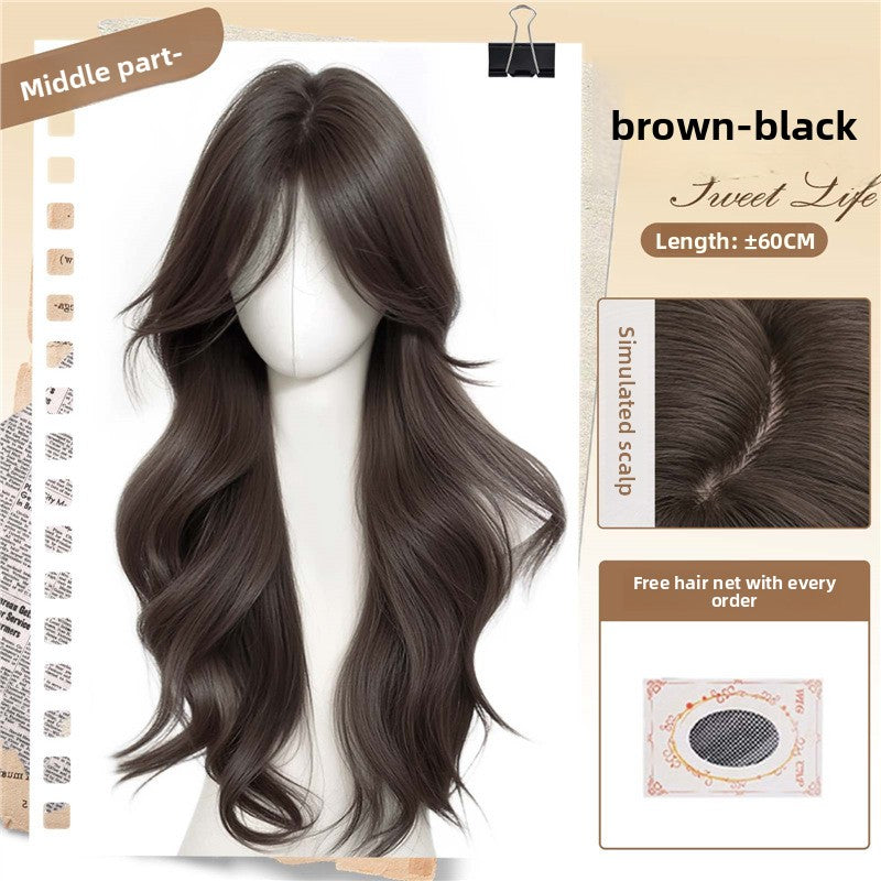 Women's Long Wavy Curly Full Head Wig Seamless Front with Bangs teemdrop