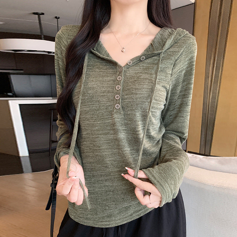 Women's Button-Down Knit Hoodie Long Sleeve Henley T-Shirt teemdrop