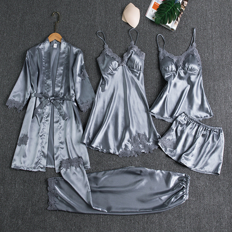 Womens Silk Loungewear V-Neck Five-Piece Pajama Set