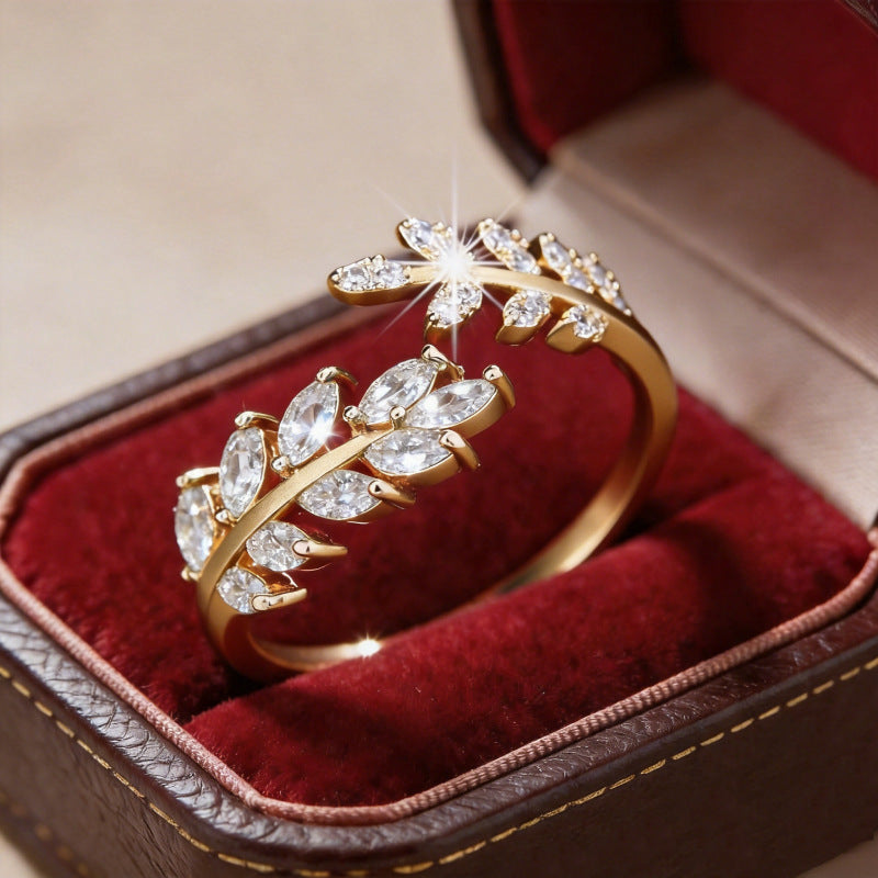 Fashion Creative Design Leaf and Wheat Ear Open Ring, Exquisite Light Luxury Everyday Versatile Casual Accessory
