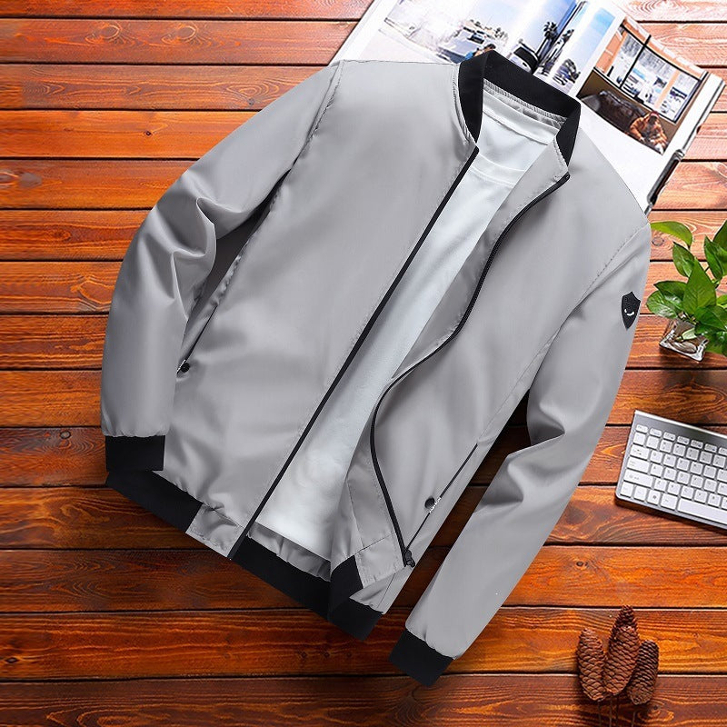 Men's Slim Fit Stand Collar Zip-Up Jacket, Solid Color Long Sleeve Breathable Outerwear teemdrop