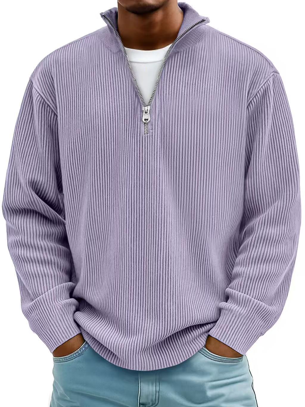 Men's Stand Collar Zipper Corduroy Long Sleeve Polo Shirt teemdrop