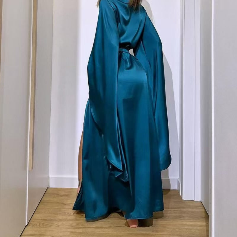 Temperament Home Clothes Women's Long Nightgown with Straps Split Robe