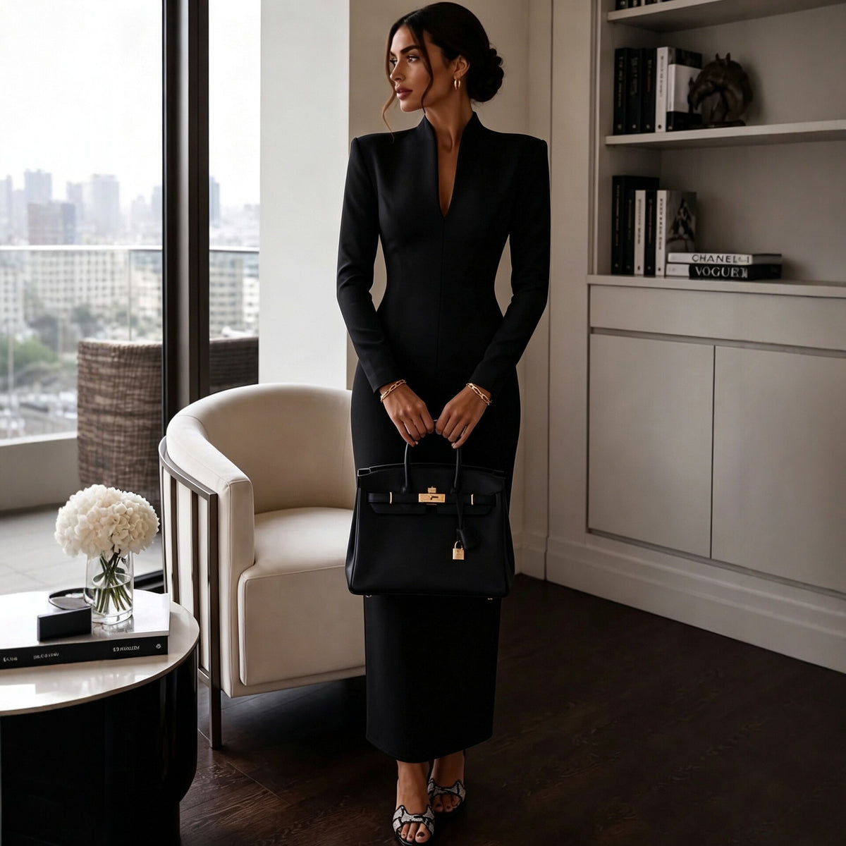 Women's Elegant Stand Collar V-Neck Long Sleeve Bodycon Dress teemdrop