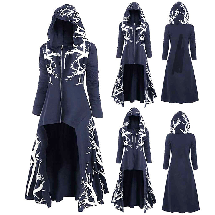Hooded Printed Cape Dress with Irregular Hem