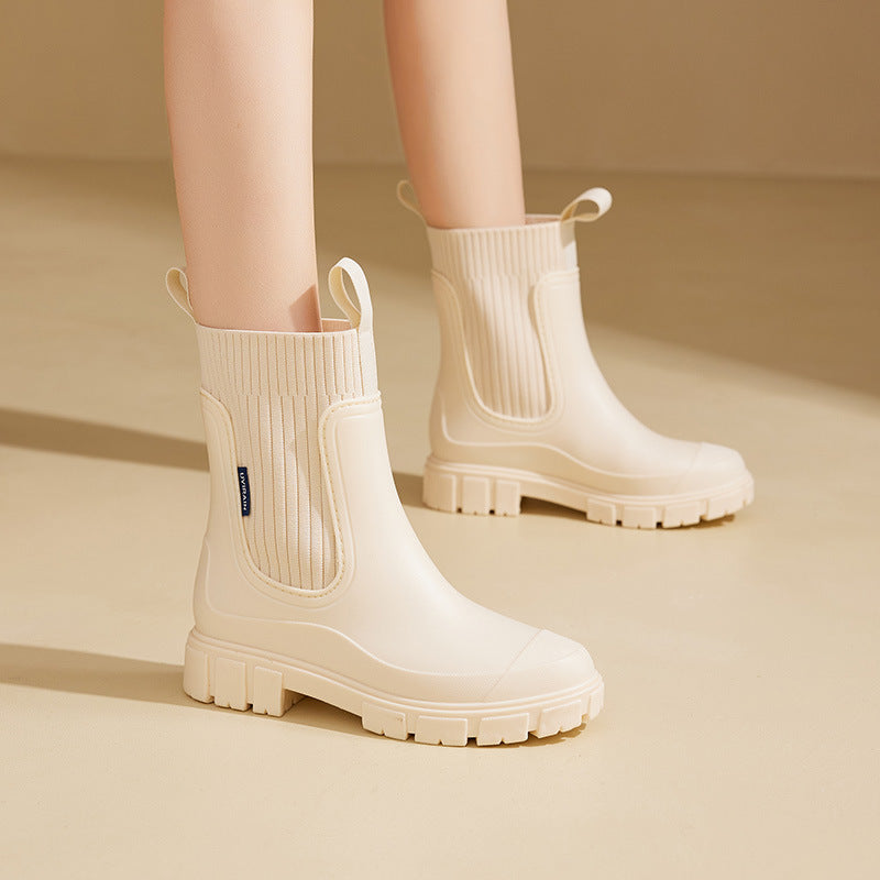 Women's Waterproof PVC Mid-Calf Rain Boots Non-Slip Solid Chelsea Boots teemdrop