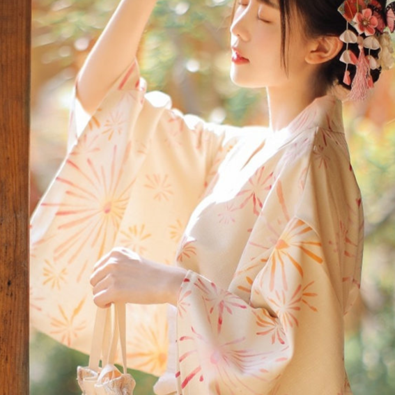Womens Traditional Retro Japanese Camellia Print Kimono Dress with Girdle and Fan Headdress Set teemdrop