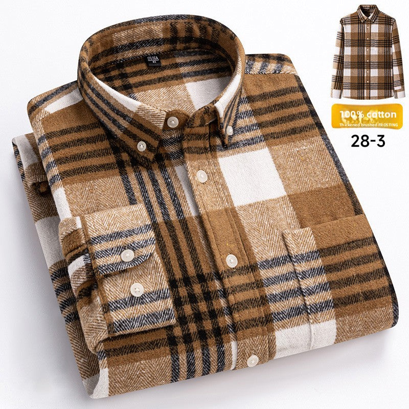 Men's 100% Cotton Thickened Brushed Plaid Long Sleeve Button Down Shirt