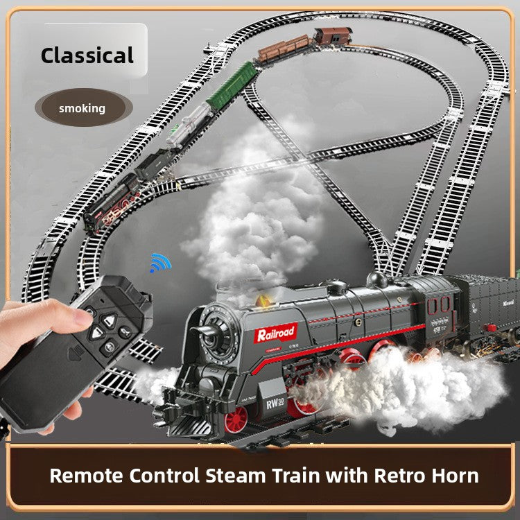 Retro Steam Train Toy Model with Remote Control Light Sound and DIY Track Set