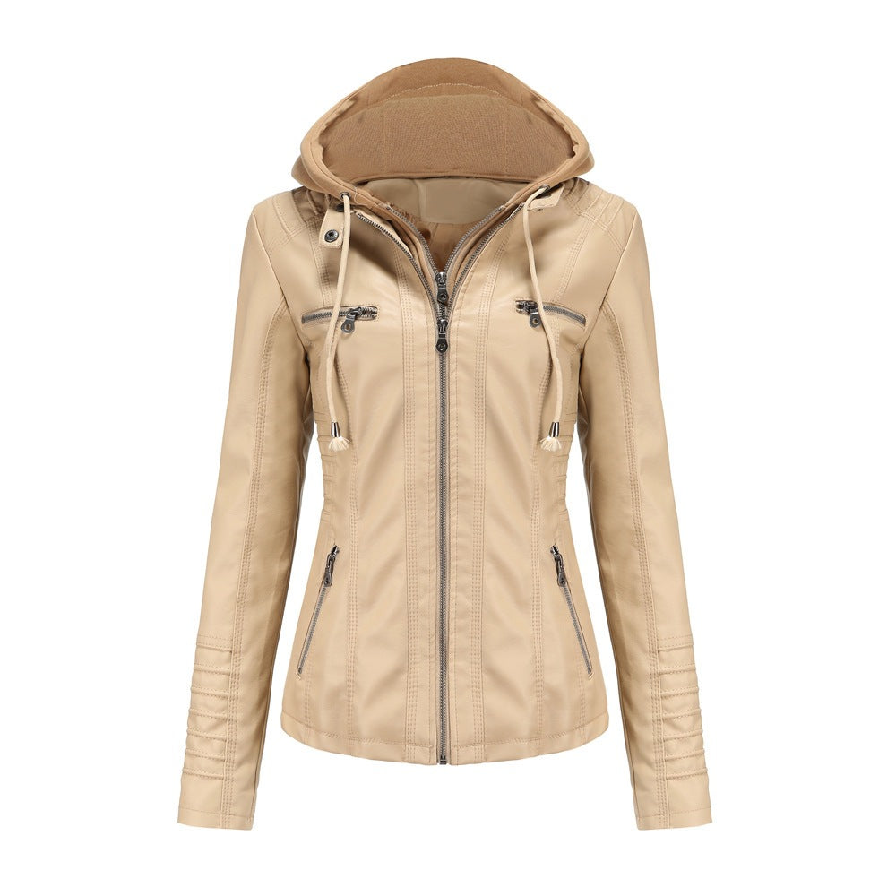 Womens Hooded PU Leather Jacket Two-Piece Set