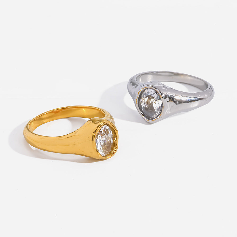 18K Gold Plated Stainless Steel Ring with Zircon Minimalist Hammered Design