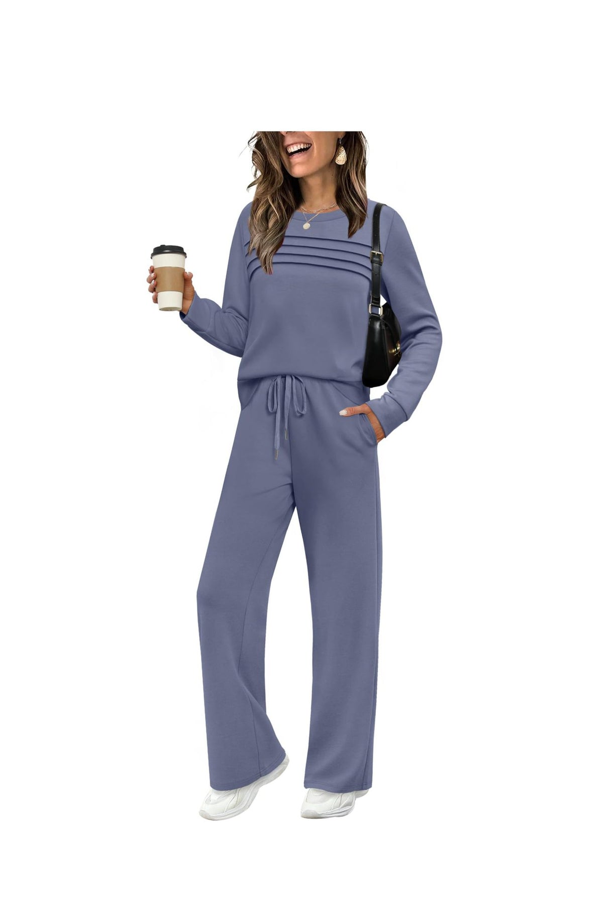 Women's Solid Color Two-Piece Set Pleated Sweatshirt and Wide-Leg Trousers Casual Knit Suit teemdrop