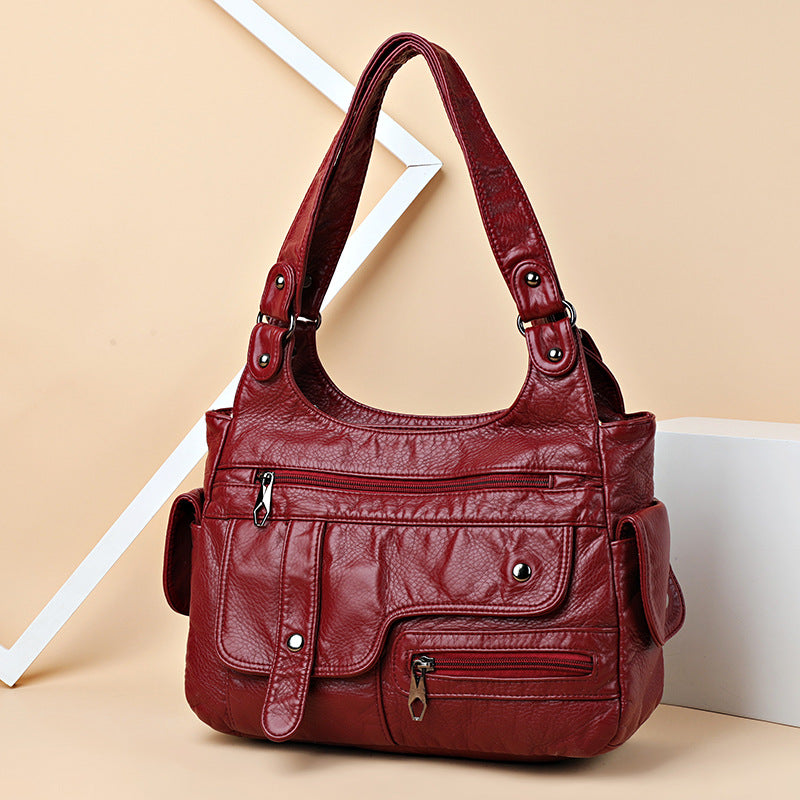 Women's Washed PU Leather Shoulder Bag Casual Lightweight Handbag teemdrop