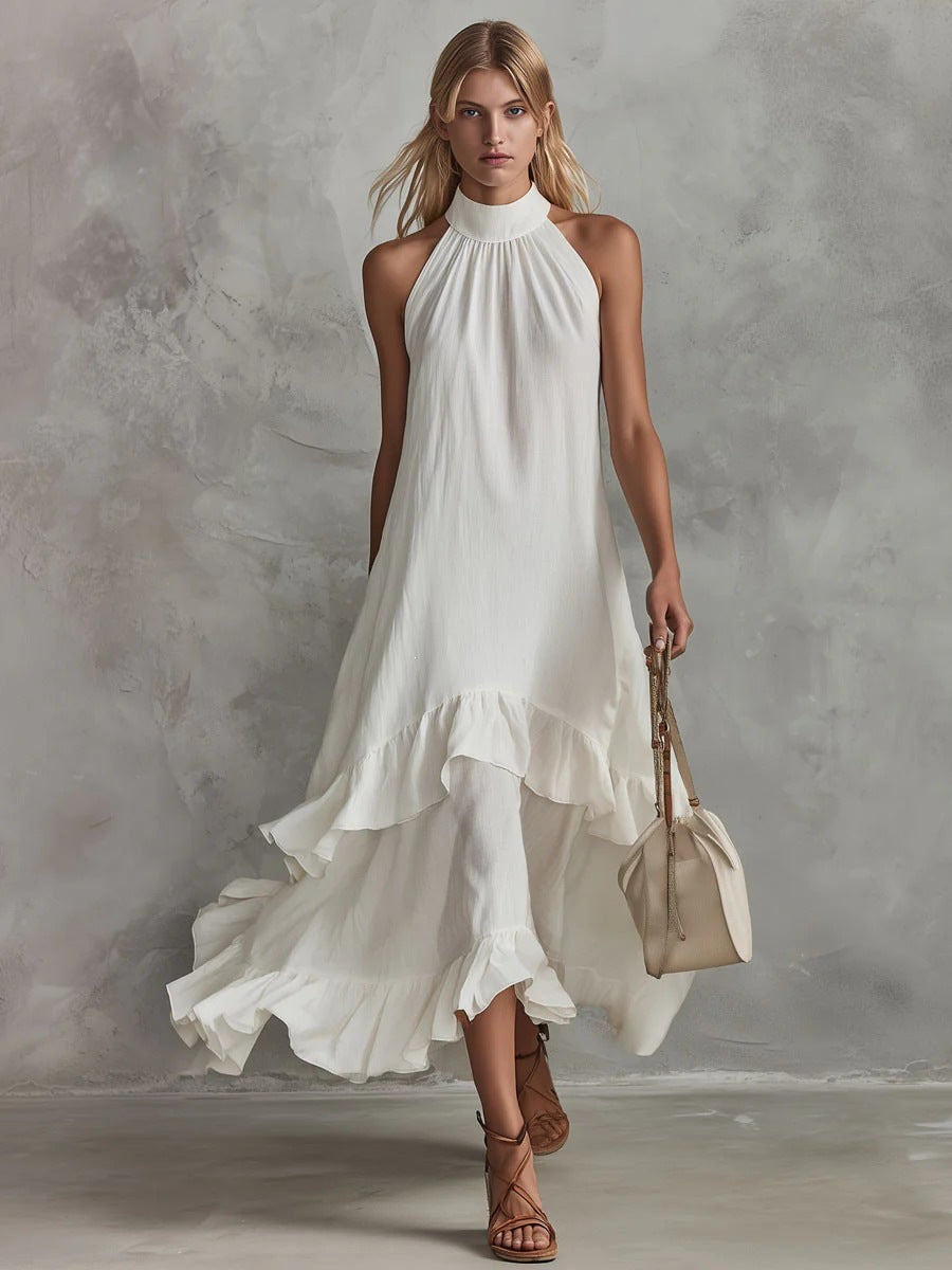 Women's Sleeveless Halter Ruffle Hem Mid-Length Summer Dress teemdrop