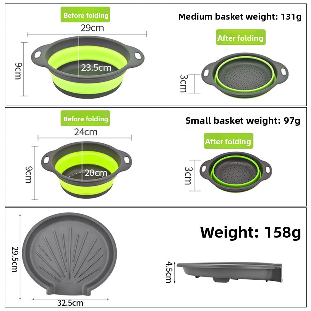 Silicone Collapsible Kitchen Washbasin with Adjustable Base, Dual-Handle Fruit and Vegetable Draining Basket