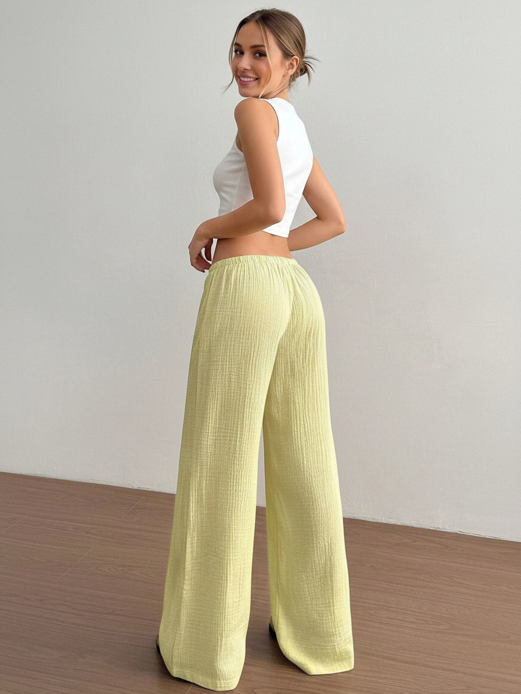 Women's Textured High Waist Drawstring Drapey Wide Leg Pants teemdrop