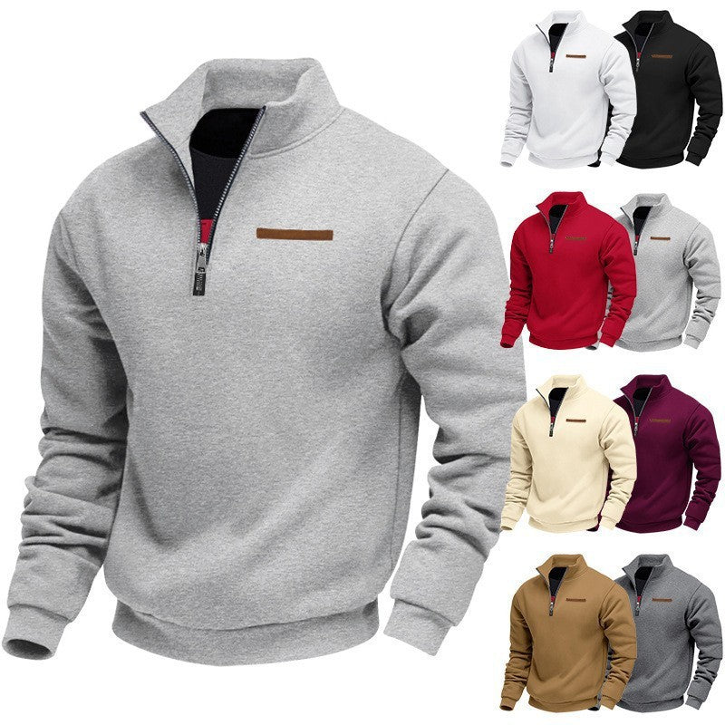 Men's Velvet Lined Half-Zip Stand Collar Pullover Solid Color Casual Loose Sweatshirt