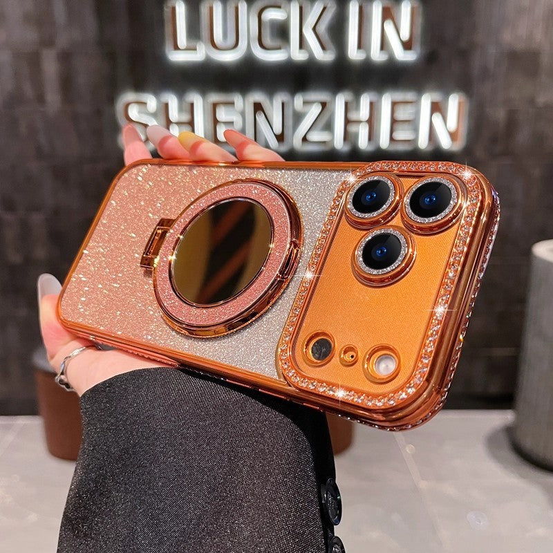 Glitter Magnetic Stand Mirror Phone Case for iPhone 11 12 13 14 15 16 17 18 Pro Max Plus teemdrop