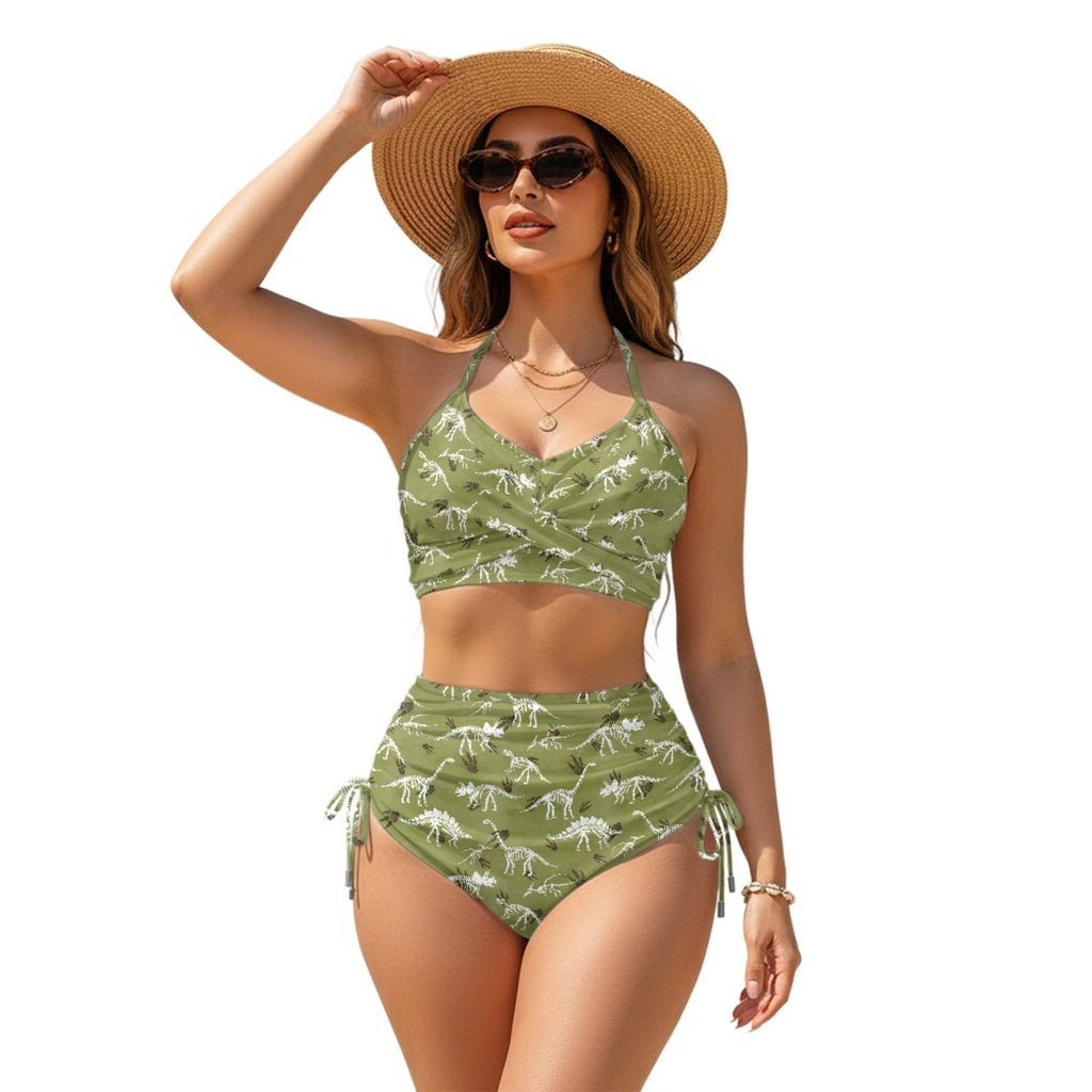 Women Sexy Animal Print High-Waist Drawstring Two-Piece Bikini Swimsuit teemdrop