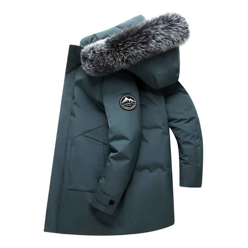 Men's Winter Mid-Length Hooded Down Coat with Fur Collar Loose Fit White Duck Filling Jacket teemdrop