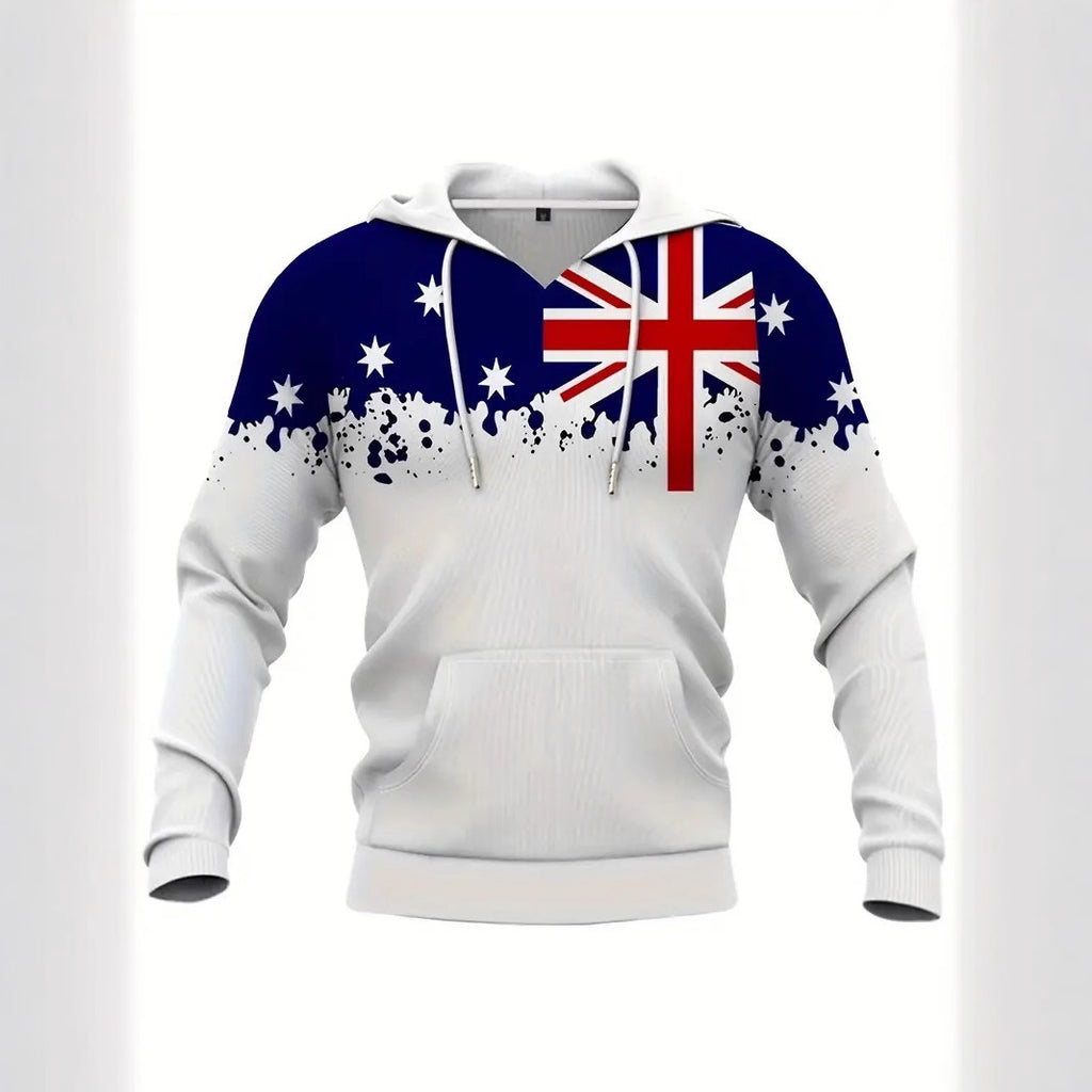 Men's 3D Australian Flag Print Drawstring Hoodie Loose Fit Long Sleeve Sweatshirt teemdrop