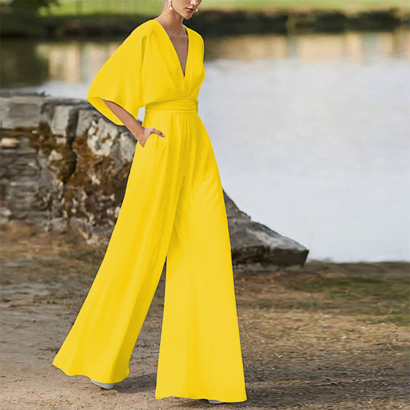 2026 Winter New European and American Foreign Trade Women's Fashion Jumpsuit Amazon Hot-Selling Deep V High-Waisted Wide-Leg Pants
