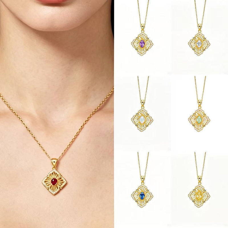S925 Sterling Silver Natural Birthstone Geometric Pendant Necklace