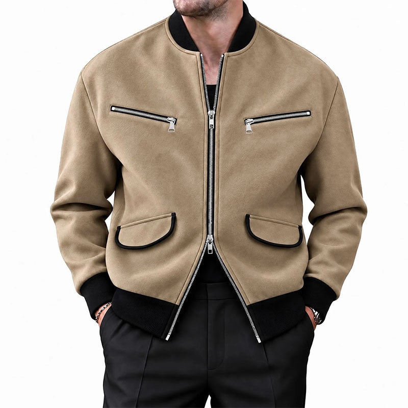 Men's Stand Collar Zipper Jacket Solid Color Casual Long Sleeve Outerwear teemdrop