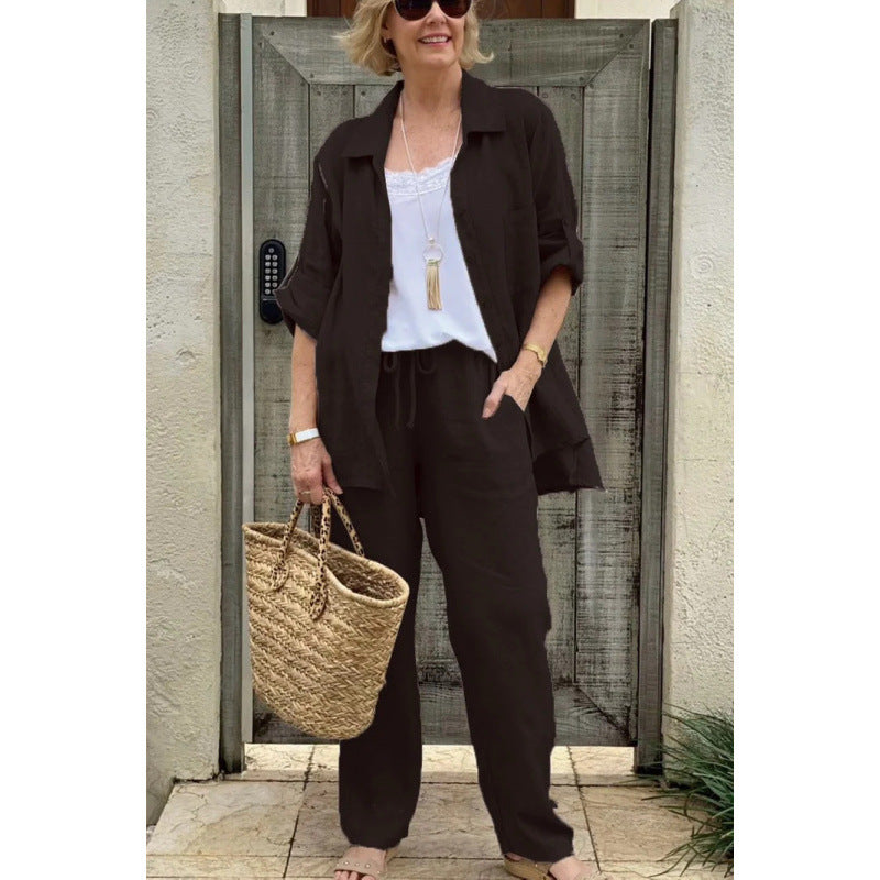Women's Linen Blend Long Sleeve Shirt Trousers Suit