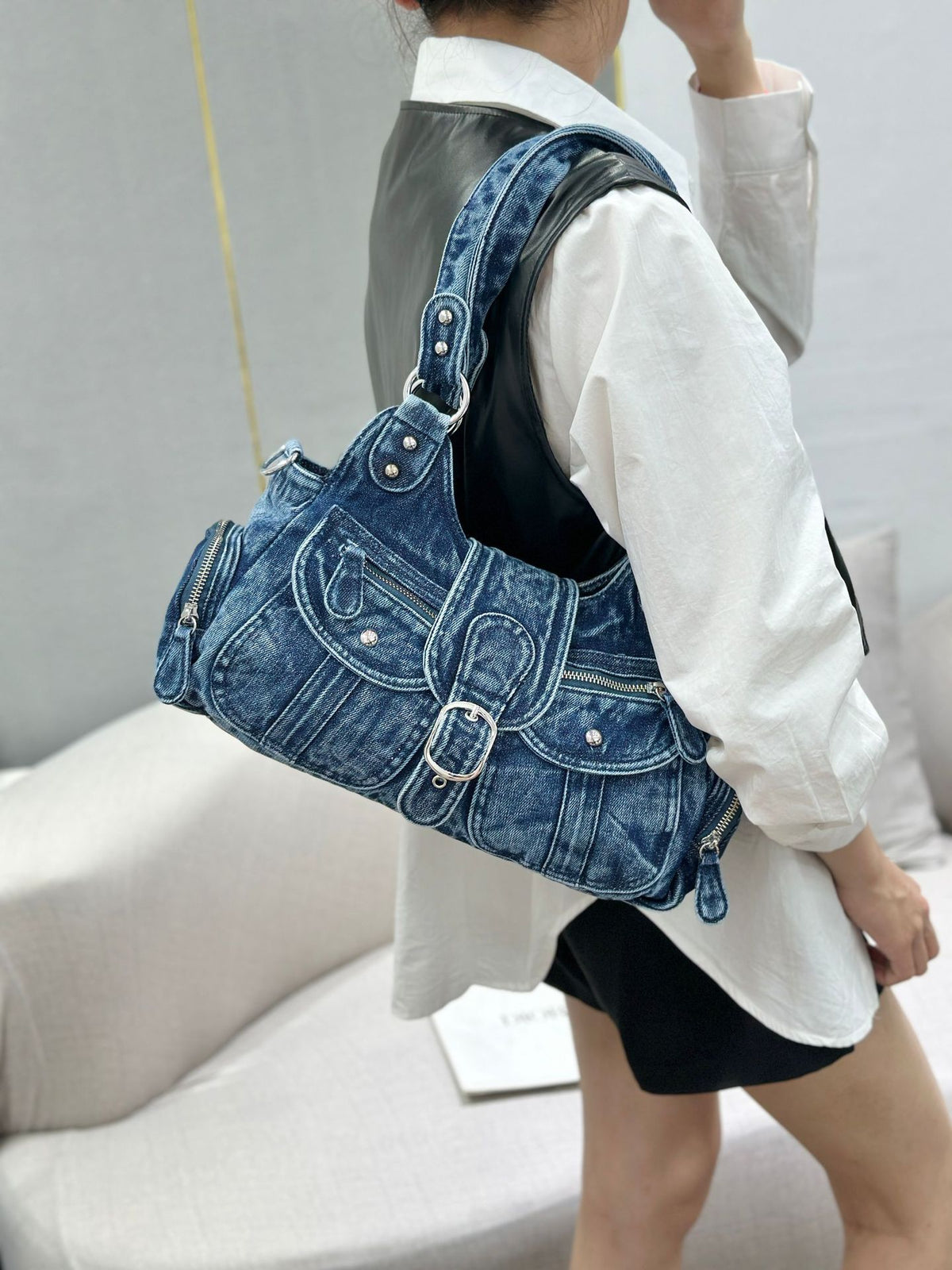Vintage Washed Denim Underarm Crossbody Bag Large Capacity Tote teemdrop