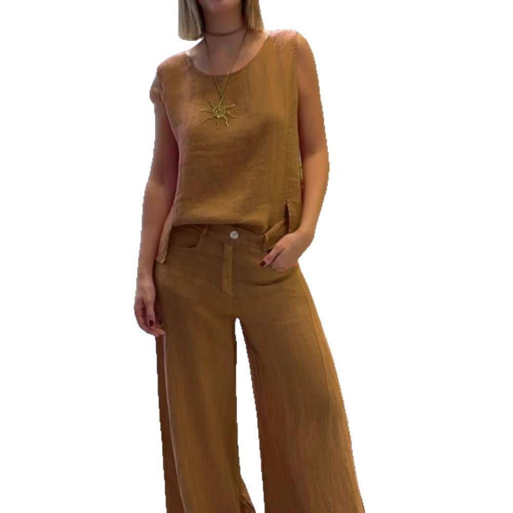 Women's Summer Cotton Linen Solid Color Sleeveless Two-Piece Pantsuit Set teemdrop