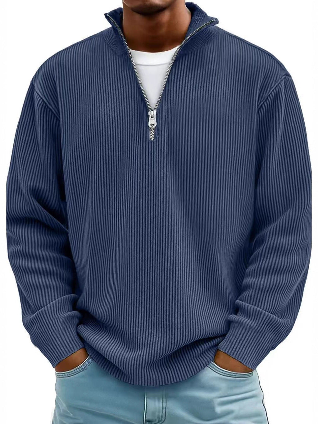Men's Stand Collar Zipper Corduroy Long Sleeve Polo Shirt teemdrop