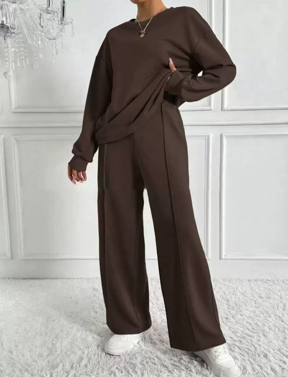 Women's Solid Color Round Neck Long Sleeve Pants Suit Casual Two-Piece Set teemdrop