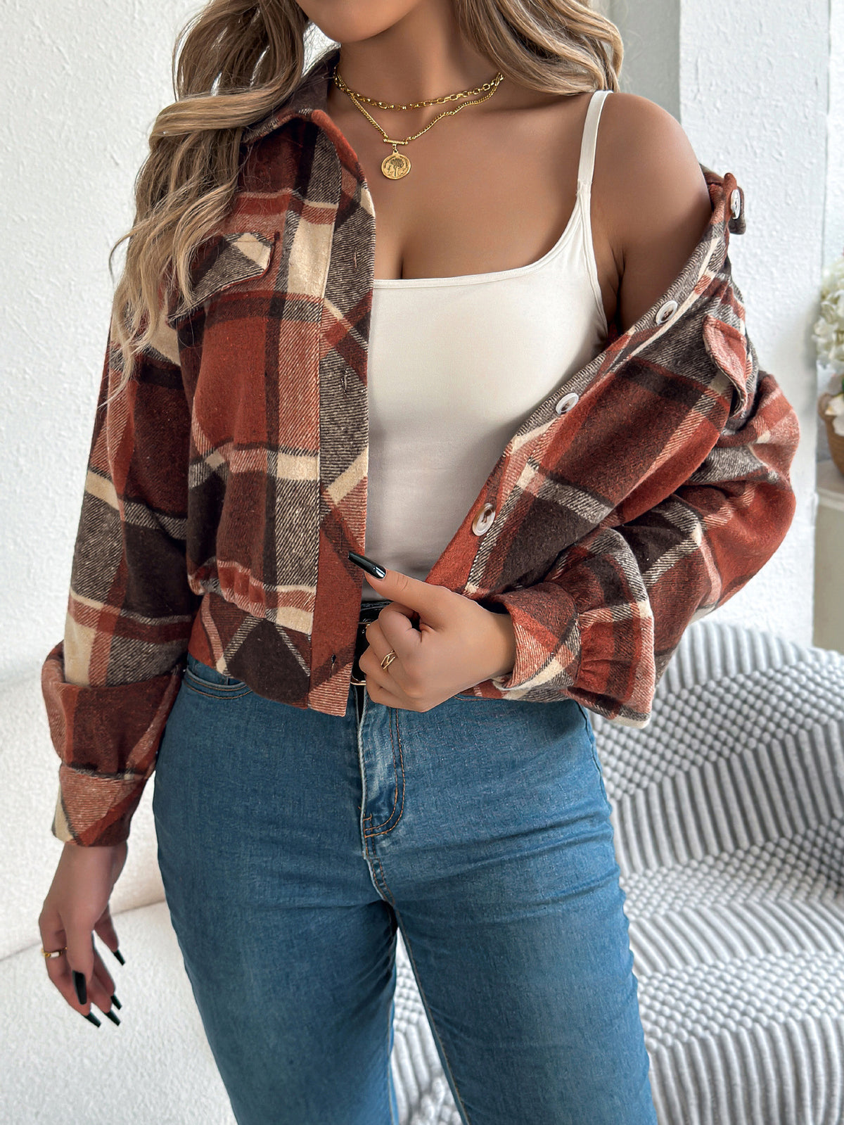 Women's Plaid Long Sleeve Lapel Woolen Jacket with Button Closure teemdrop