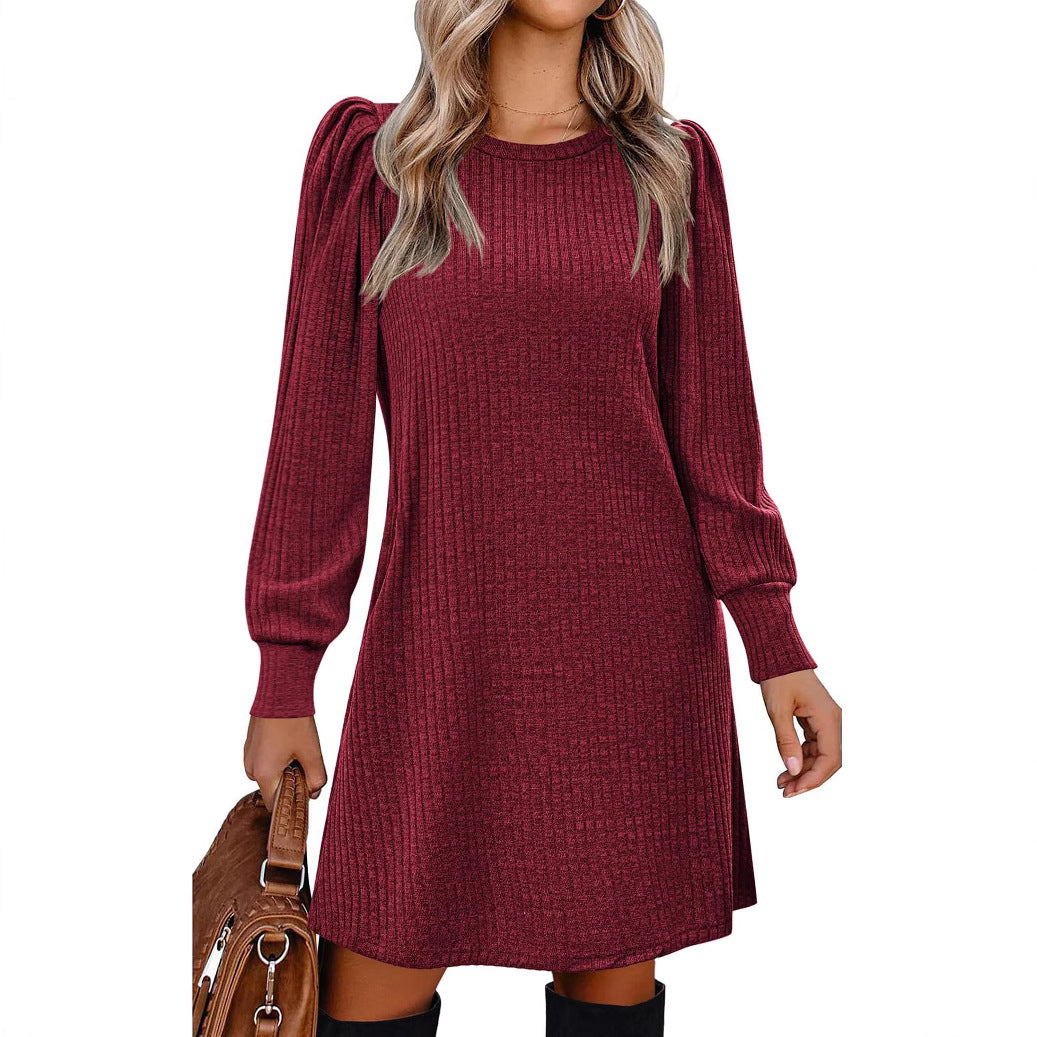 Solid Color Round Neck Puff Sleeve Mid-Length Dress