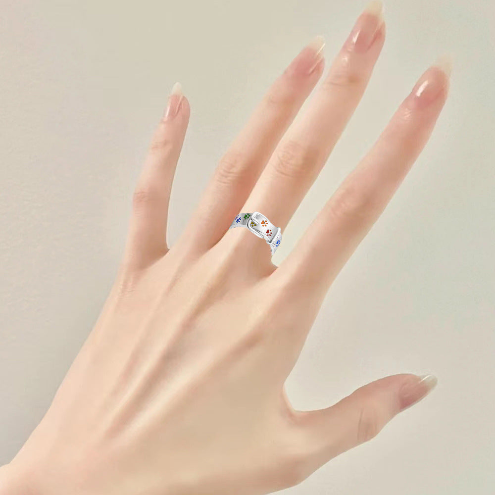 Silver-Tone Alloy Ring for Women with Rainbow Inlay and Dog Print