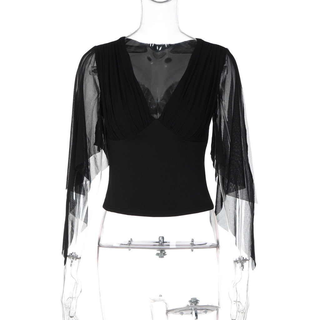 Women's Solid Color Long Sleeve Mesh Patchwork V-Neck Slim Fit Knit Top T-Shirt teemdrop
