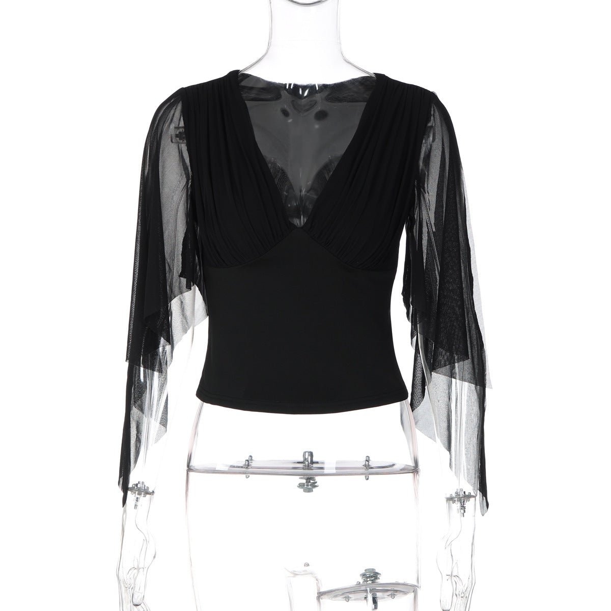 Women's Solid Color Long Sleeve Mesh Patchwork V-Neck Slim Fit Knit Top T-Shirt teemdrop